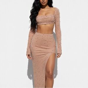 Oh Polly Bordeaux Pearl Embellished Crop Top & Maxi Skirt Two Piece Set